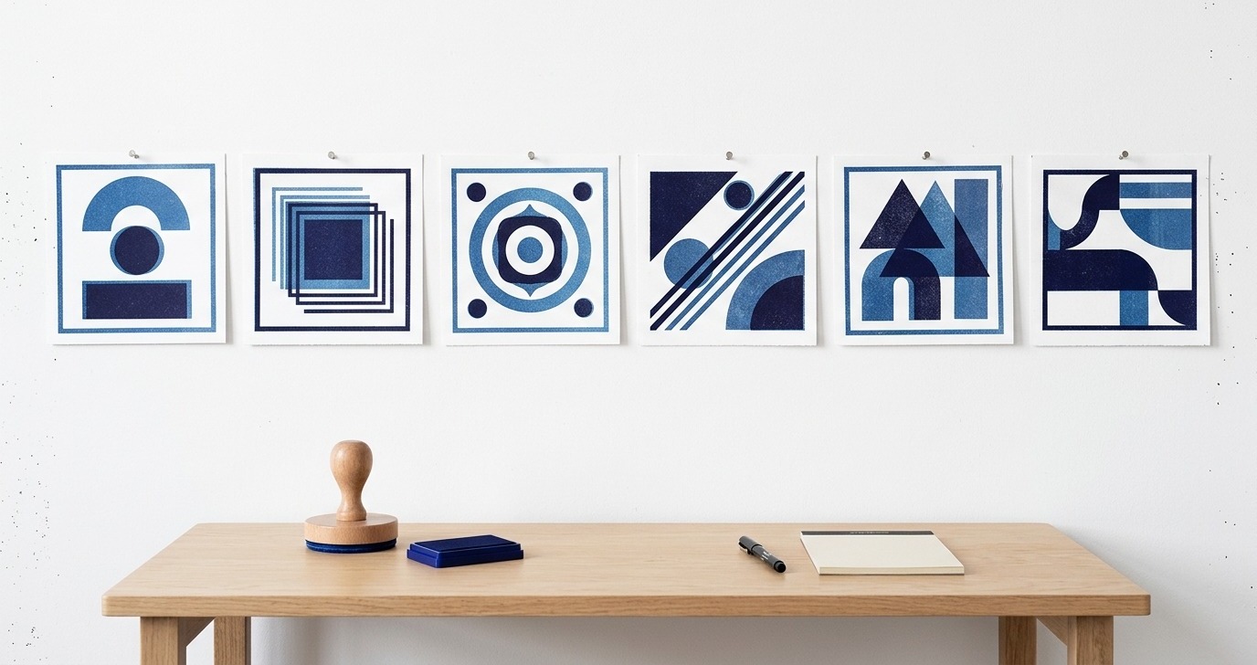 A week of finished posts pinned above a desk, a stamp and ink pad below
