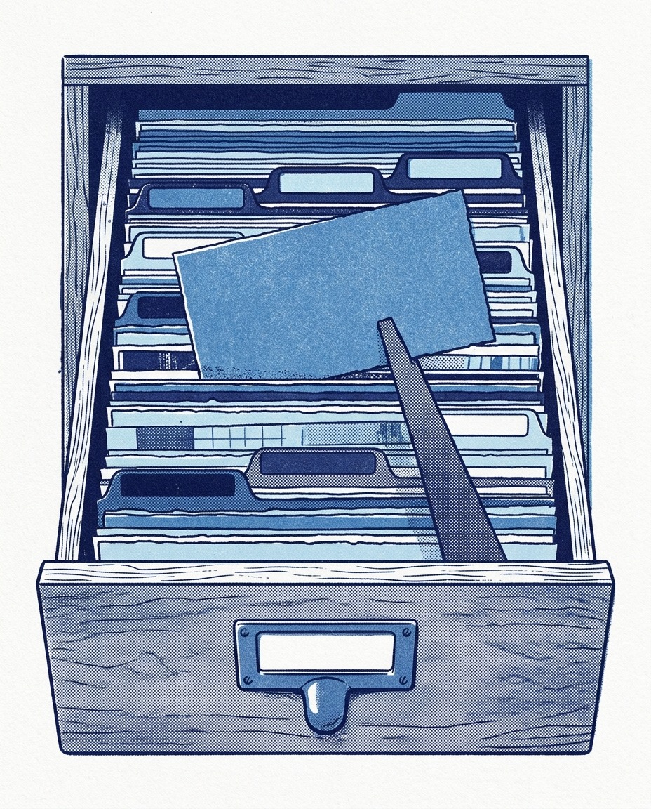 A card catalogue drawer, one card lifted out